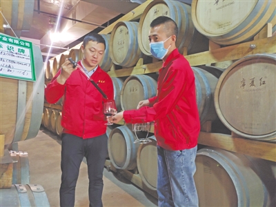 <p>    宁夏红枸杞产业有限公司葡萄酒酿酒车间，工作人员鉴别葡萄酒品质。</p>